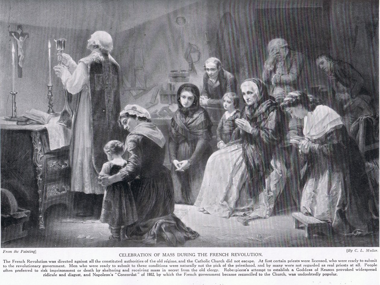 Celebración de la misa durante la Revolución Francesa, ilustración de 