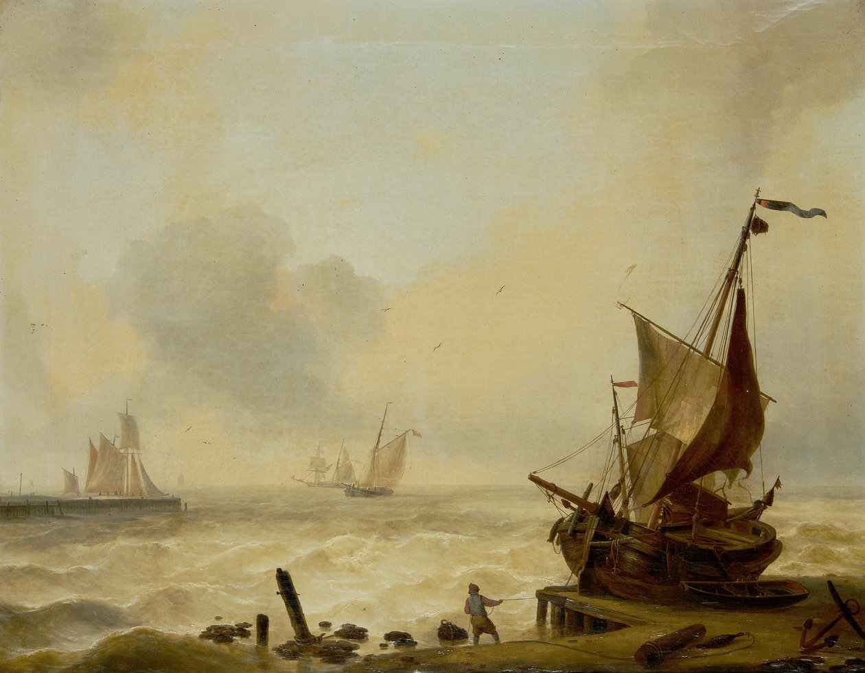 Pequeños botes luchando en un fuerte oleaje en la boca del puerto de Charles Louis Verboeckhoven