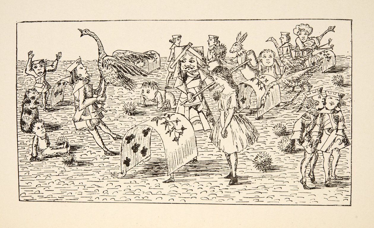Alicia y la Reina Roja juegan al croquet, ilustración de Las aventuras de Alicia bajo tierra, publicado en 1886 de Charles Lutwidge Dodgson