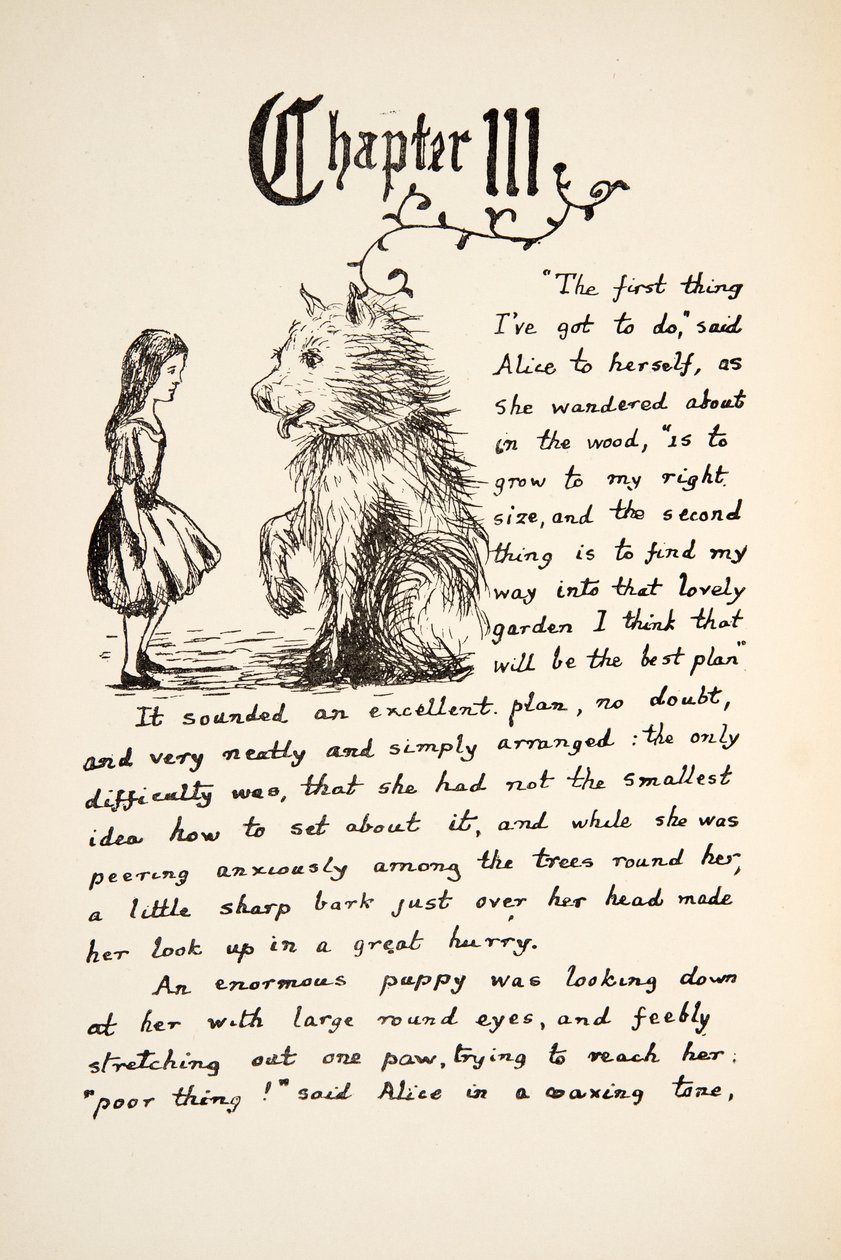 Alicia se encuentra con el cachorro, ilustración de Las aventuras de Alicia bajo tierra, publicado en 1886 de Charles Lutwidge Dodgson