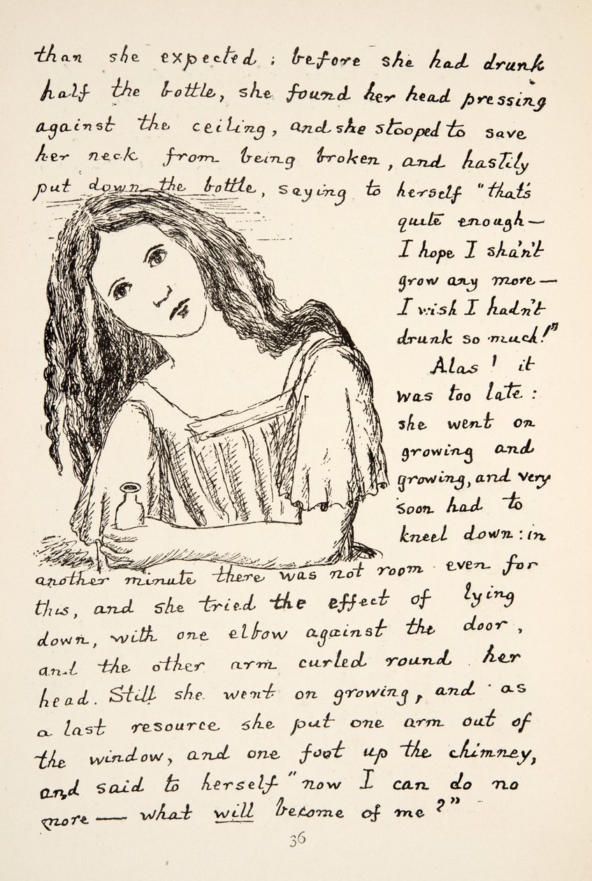 Alicia empieza a crecer después de beber de la pequeña botella, ilustración de Las aventuras de Alicia bajo tierra, publicado en 1886 de Charles Lutwidge Dodgson