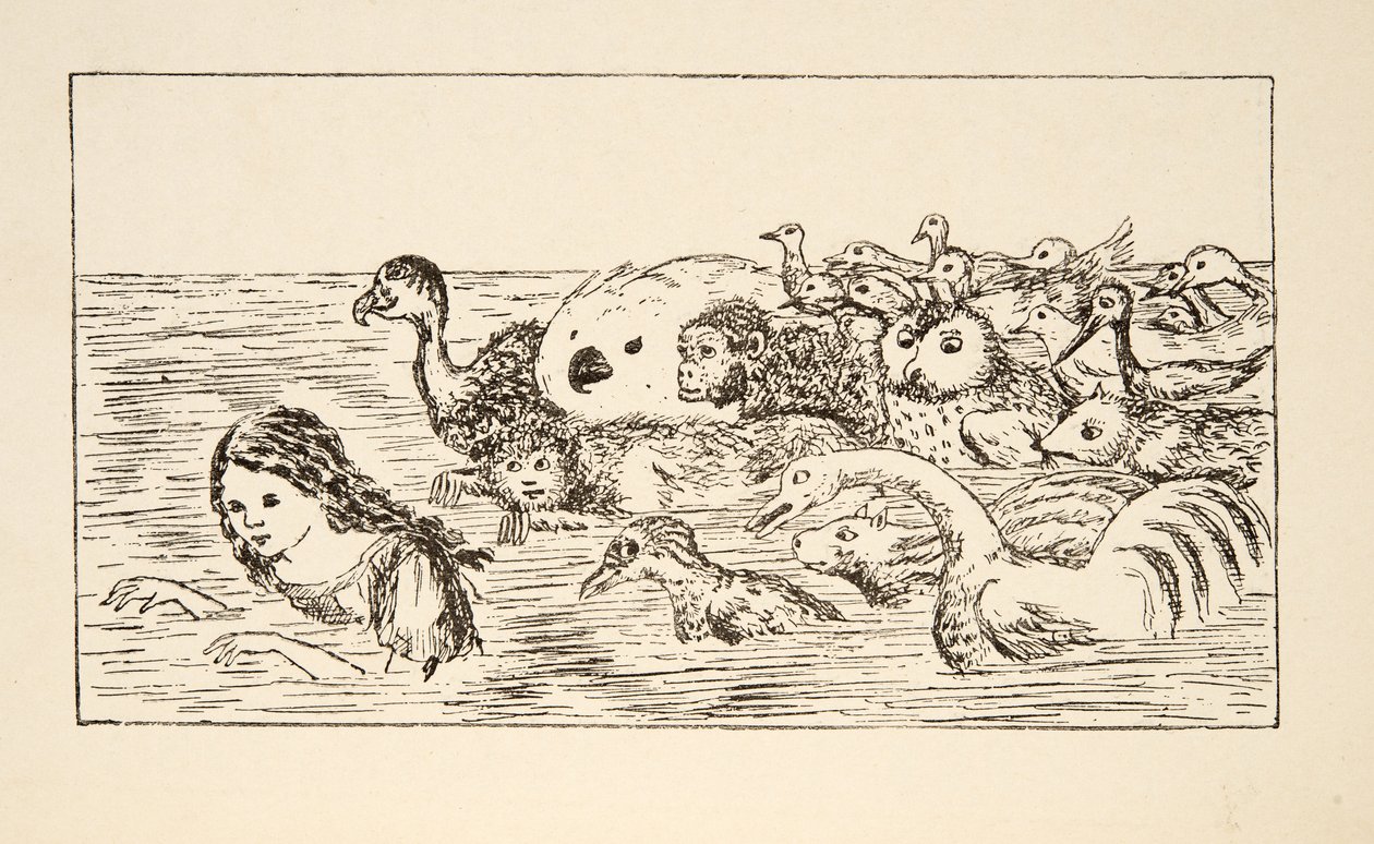 Alicia nadando en el charco de lágrimas, ilustración de Las aventuras de Alicia bajo tierra, publicado en 1886 de Charles Lutwidge Dodgson