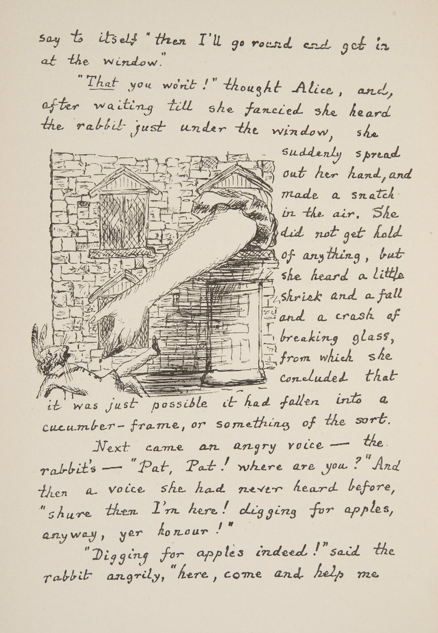 Alicia intenta atrapar al Conejo Blanco, ilustración de Las aventuras de Alicia bajo tierra, publicado en 1886 de Charles Lutwidge Dodgson