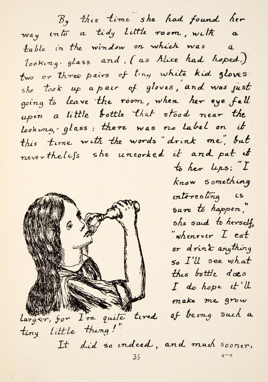 Alicia destapa la pequeña botella, ilustración de Las aventuras de Alicia bajo tierra, publicado en 1886 de Charles Lutwidge Dodgson