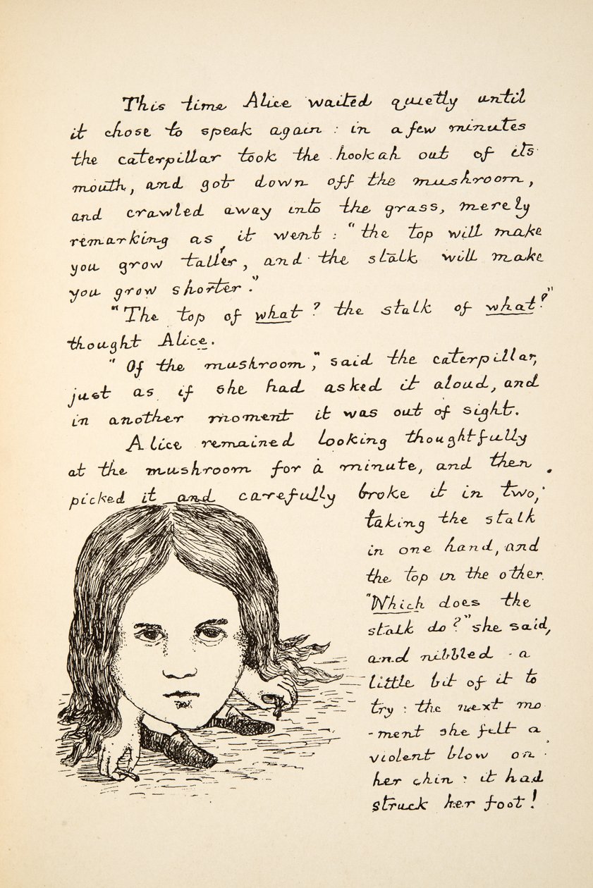 La barbilla de Alicia toca sus pies después de comer el champiñón, ilustración de Las aventuras de Alicia bajo tierra, publicado en 1886 de Charles Lutwidge Dodgson