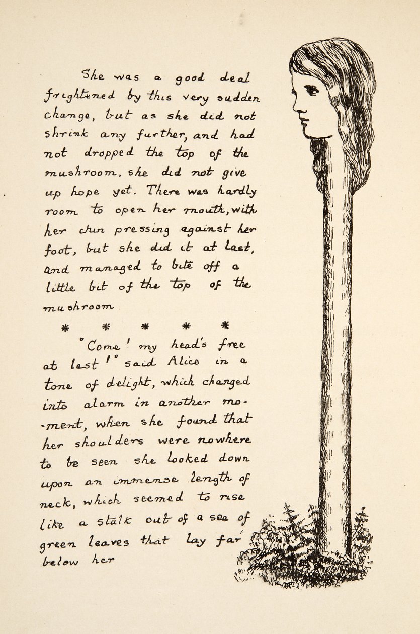 El cuello de Alicia se estira después de comer más champiñón, ilustración de Las aventuras de Alicia bajo tierra, publicado en 1886 de Charles Lutwidge Dodgson