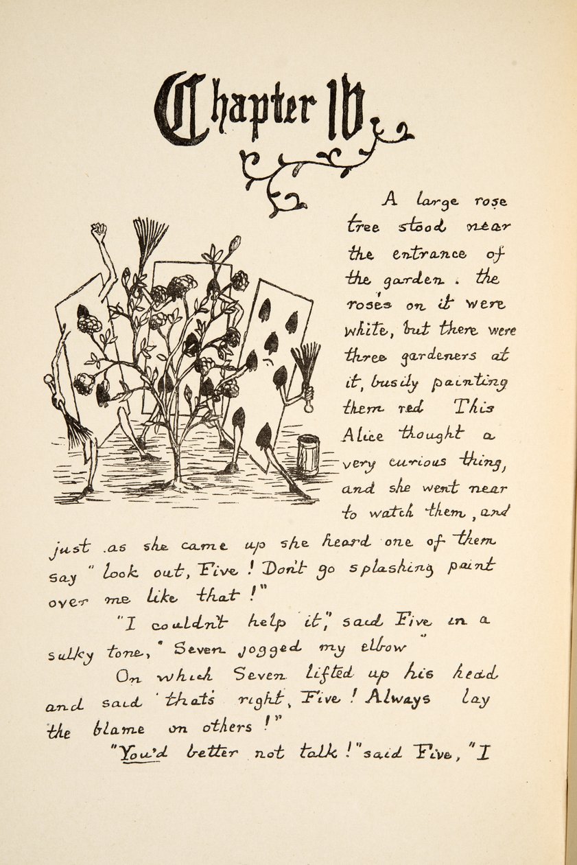 Cartas pintando la rosa blanca de rojo, ilustración de Las aventuras de Alicia bajo tierra, publicado en 1886 de Charles Lutwidge Dodgson