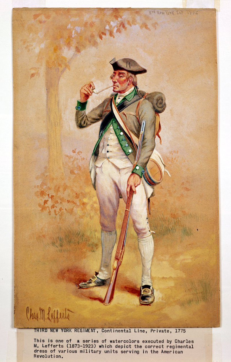 Uniforme de un soldado raso de la Línea Continental en el 3er Regimiento de Nueva York en 1775, c.1920 de Charles MacKubin Lefferts