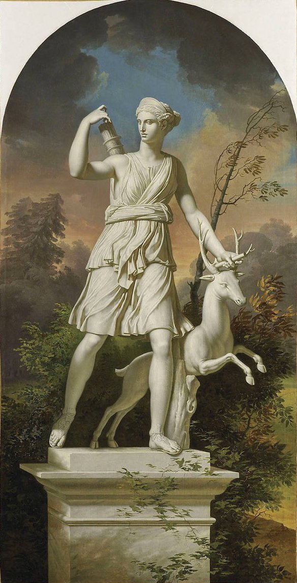 Estatuas de Diana la Cazadora en un paisaje de Charles Meynier