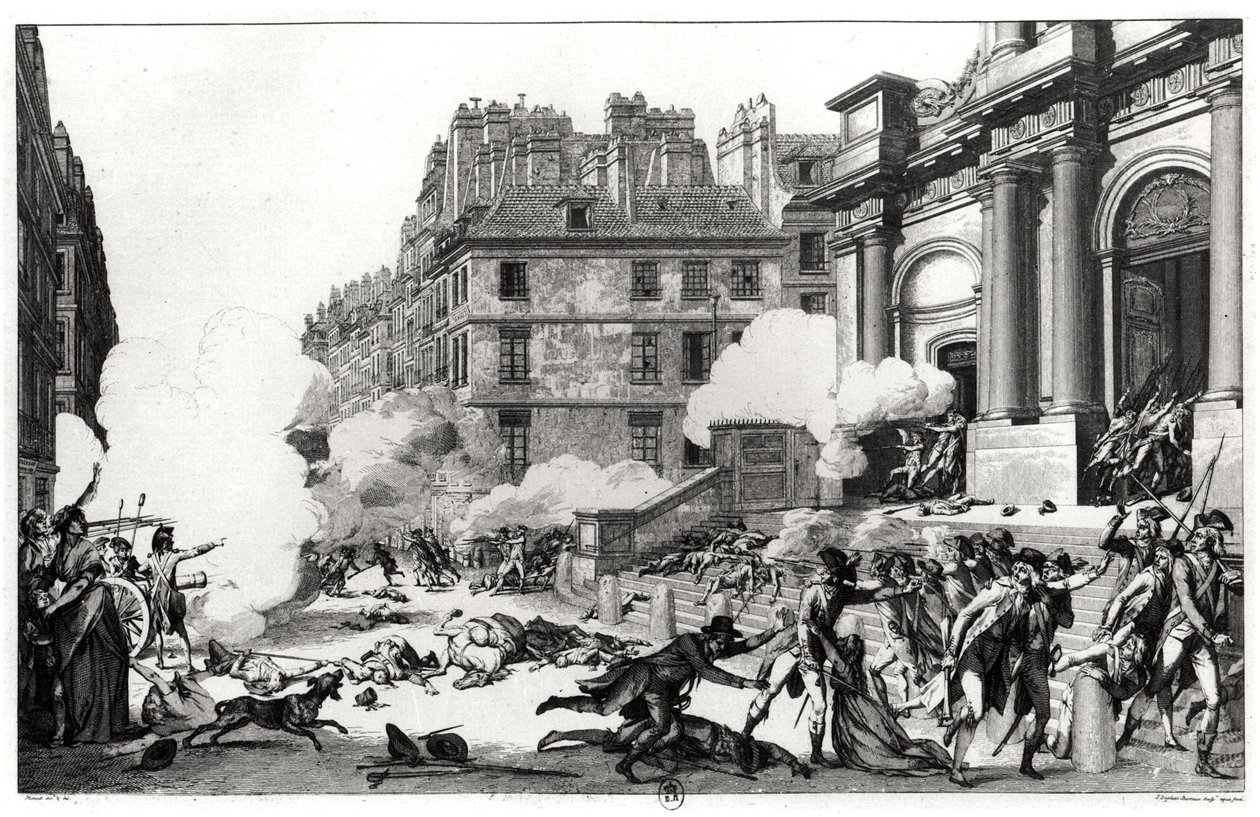 Día del 13 Vendemiaire año IV (5 de octubre de 1795), tiroteo frente a la iglesia de St. Roch en París, grabado por Jean Duplessi-Bertaux (1747-1819) de Charles Monnet