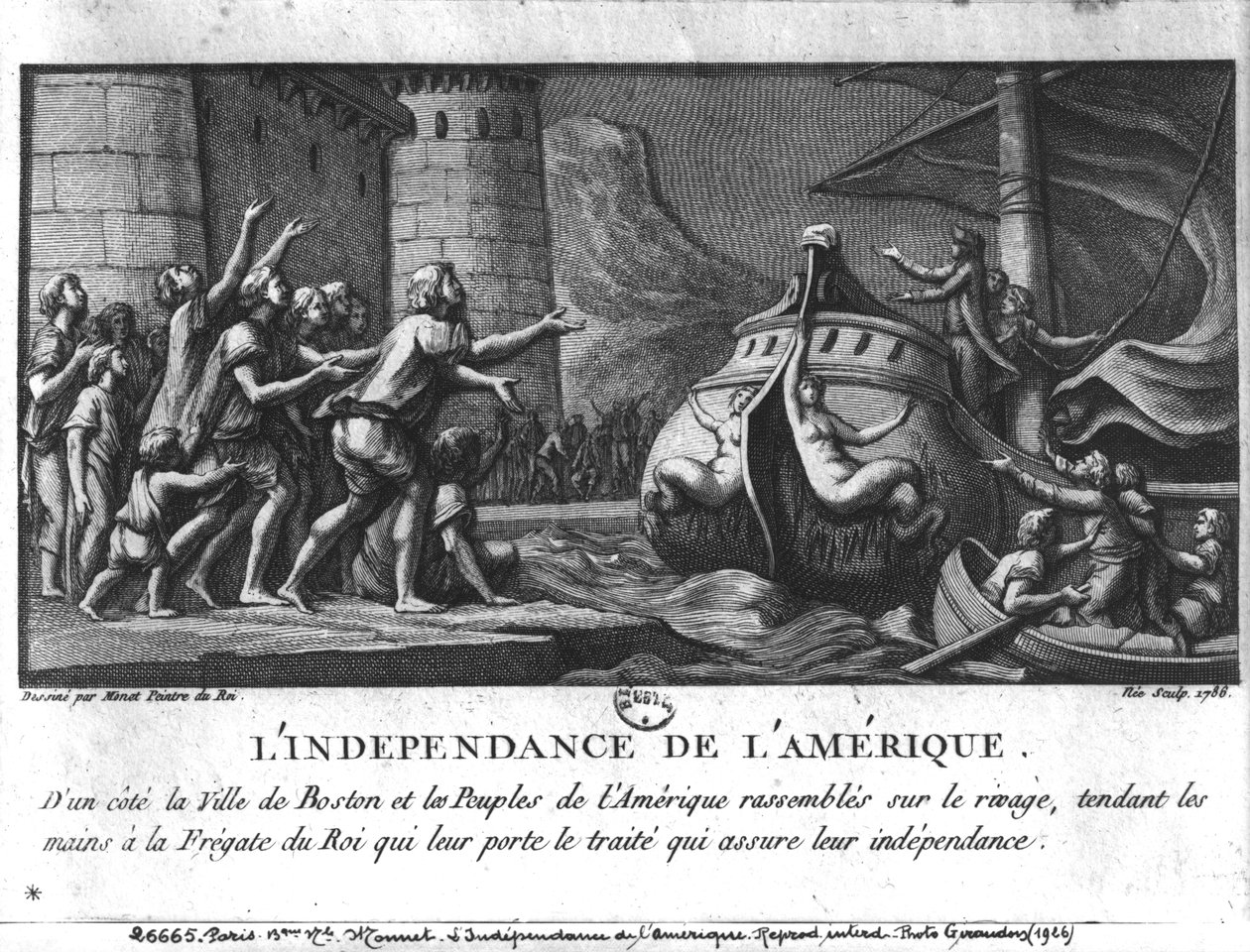 La Independencia Americana, una fragata francesa llevando el tratado a Boston, grabado por François Denis Nee (1732-1817), 1786 de Charles Monnet