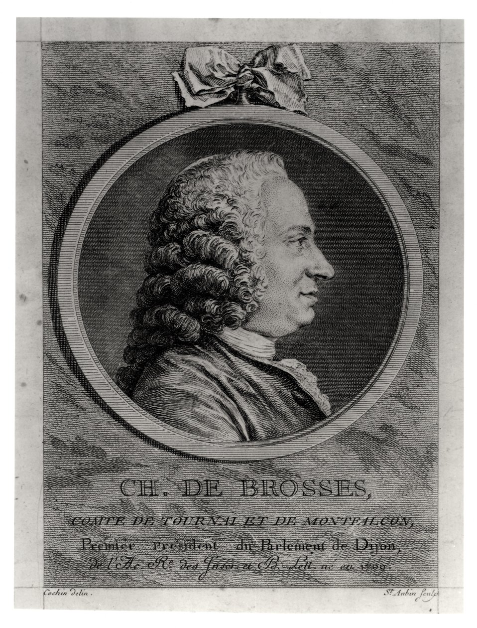 Charles de Brosses (1709-77), Conde de Tournai y Montfaucon, grabado por Augustin de Saint-Aubin (1736-1807) de Charles Nicolas II Cochin