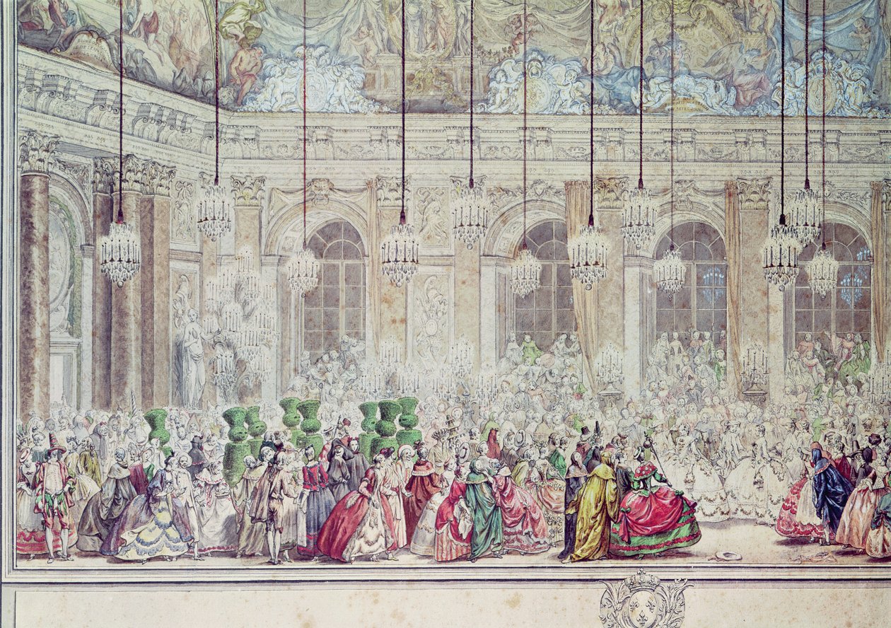 El Baile de Máscaras en la Galería de los Espejos con Motivo del Matrimonio del Delfín con María Teresa, 17 de febrero de 1745 (detalle) de Charles Nicolas II Cochin