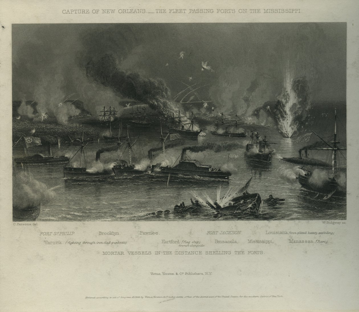 Captura de Nueva Orleans: La flota pasando por los fuertes en el Misisipi, c.1862 de Charles Parsons