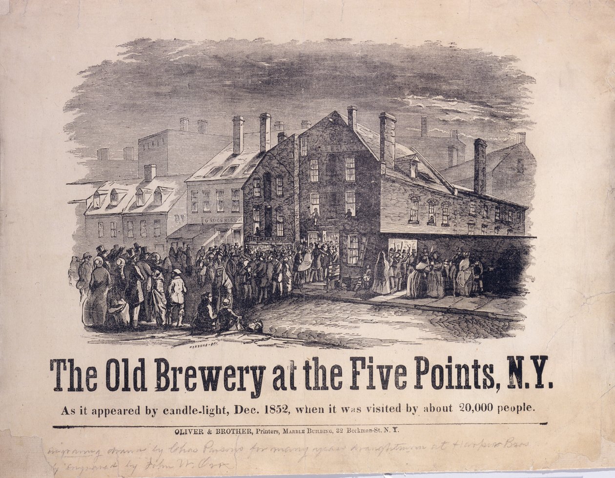 La Antigua Cervecería en los Five Points, Nueva York, como Aparecía a la Luz de las Velas, diciembre de 1852, cuando fue Visitada por unas 20,000 Personas, grabado por John W. Orr (1815-57), ca. 1853 de Charles Parsons
