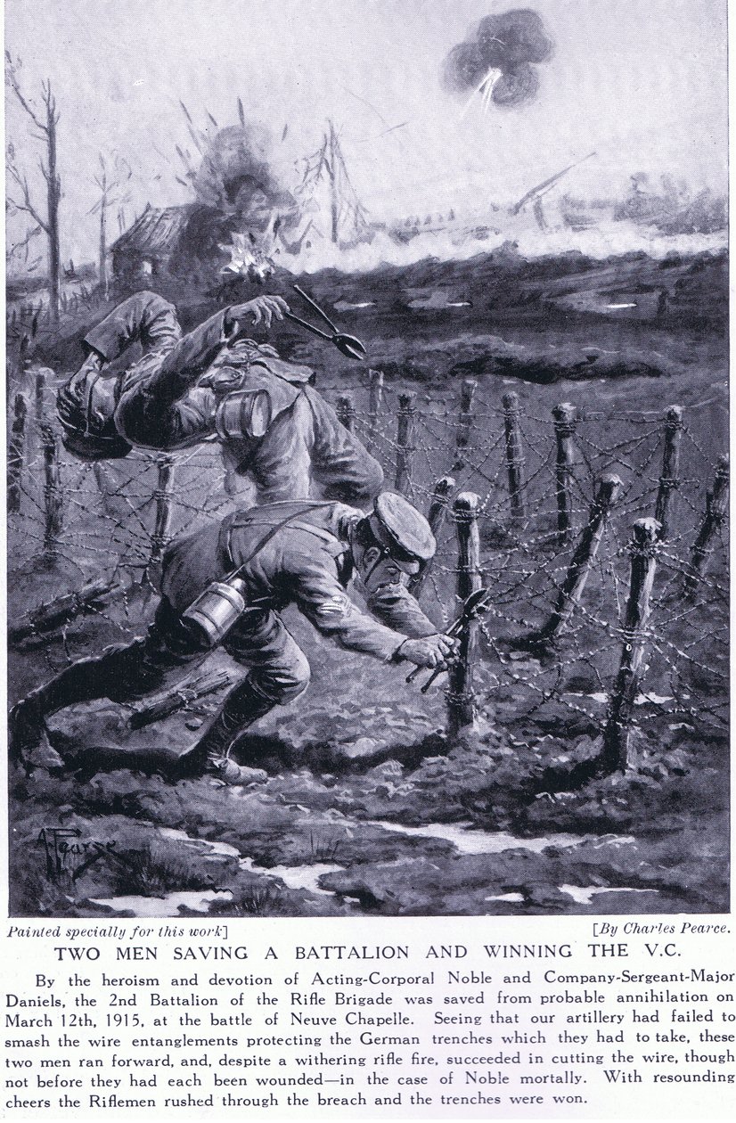 Dos hombres salvando un batallón y ganando la VC en la batalla de Neuve Chapelle en marzo de 1915 de Charles Pears