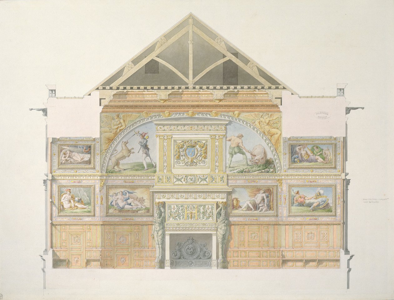 Ms 1014 Elevación del salón de baile en Fontainebleau, lámina de un álbum de Charles Percier