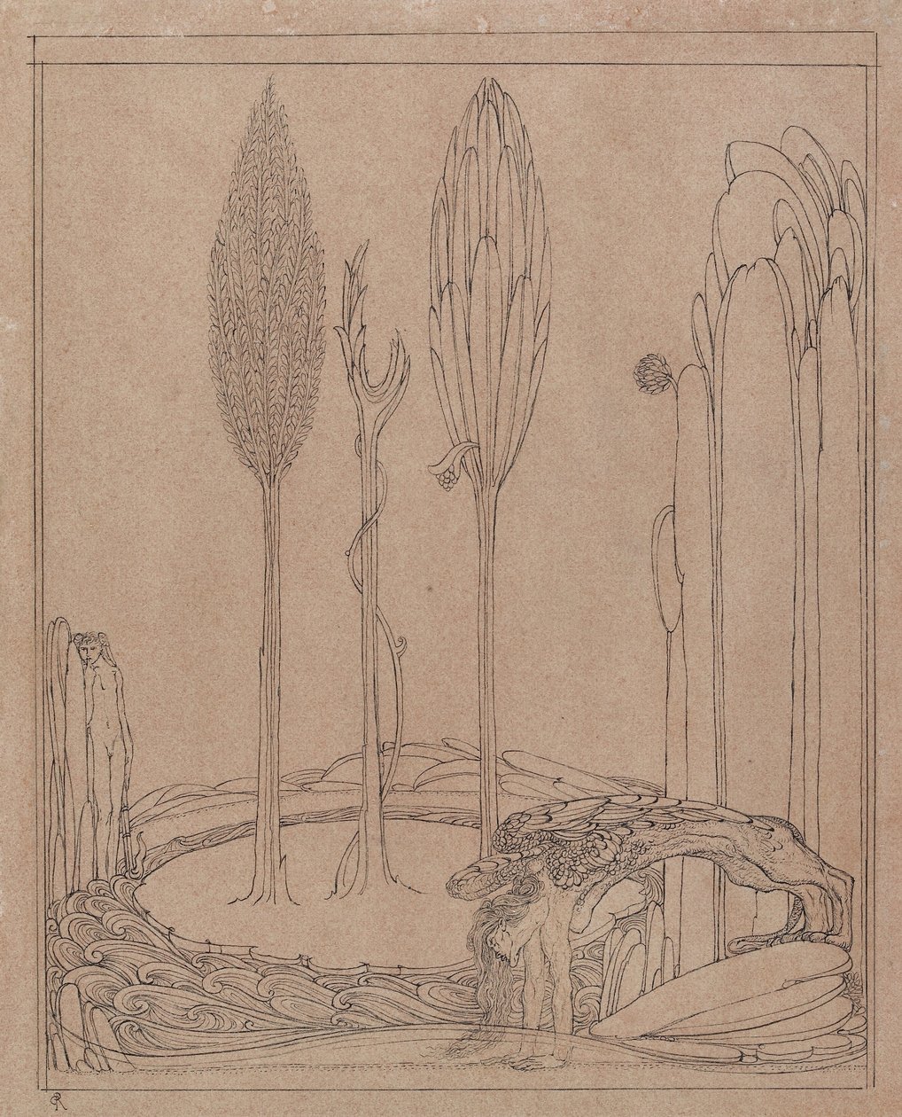 Agachado junto al borde (tinta y pluma negra sobre papel rosa) de Charles Ricketts
