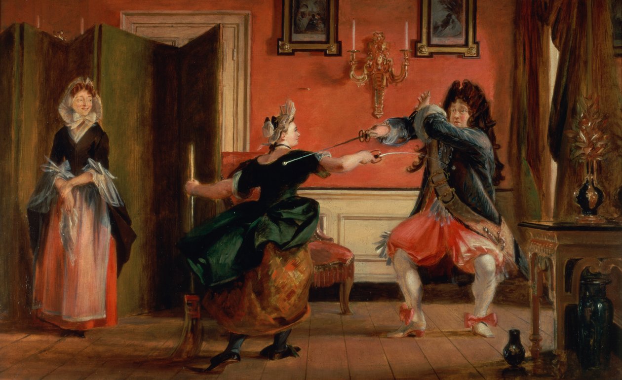 Jourdain esgrime a su criada, Nicole, con su esposa observando. Escena de 