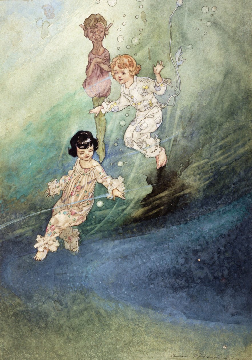 Acuarela sin título, niños bajo el agua con un elfo de Charles Robinson