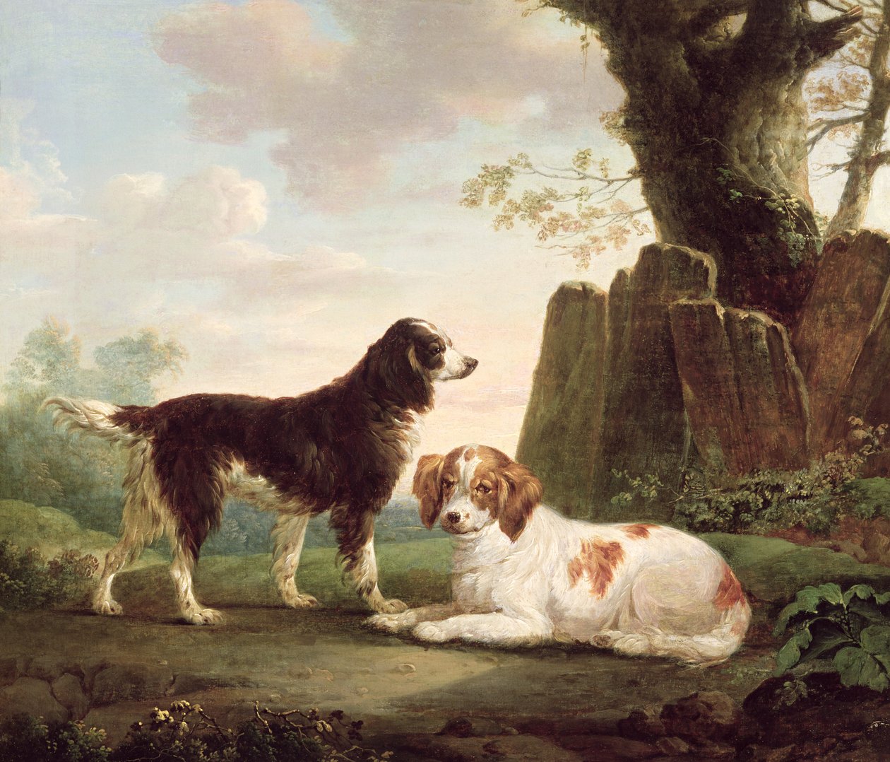 Dos spaniels en un paisaje de Charles Towne