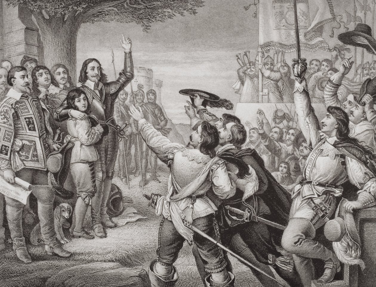 Carlos I erigiendo su estandarte en Nottingham en la escena de apertura de la Gran Guerra Civil el 25 de agosto de 1642, de 