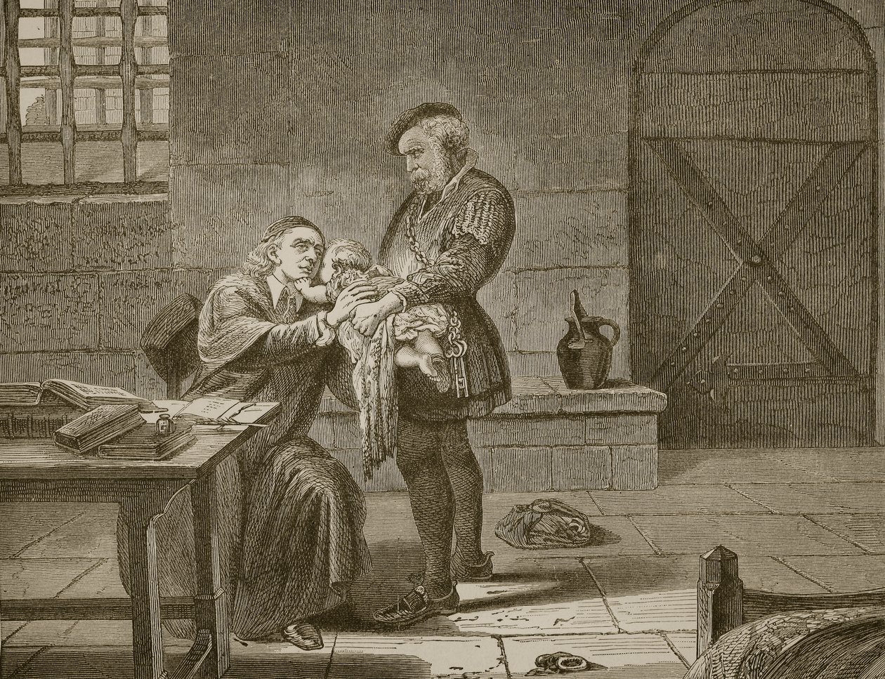 Laurence Saunders, el mártir, despidiéndose de su hijo, grabado por Butterworth y Heath de Charles West Cope