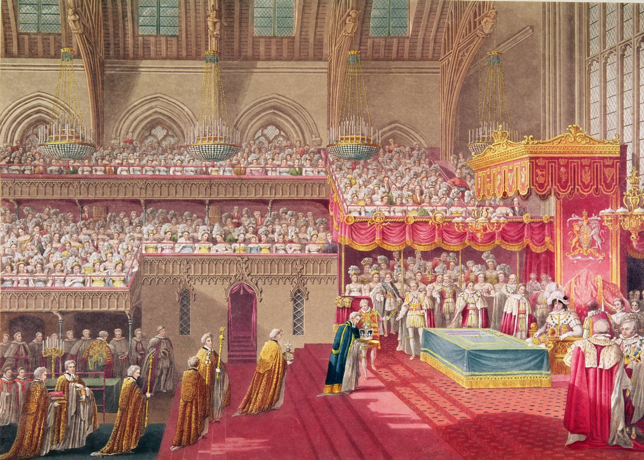 Procesión del Decano y los Canónigos de Westminster portando la Regalia, de un álbum que celebra la Coronación del Rey Jorge IV (1762-1830) 19 de julio de 1821, grabado por Matthew Dubourg de Charles Wild