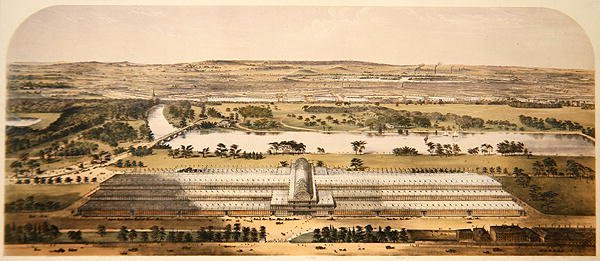 Vista aérea del edificio para la Gran Exposición, publicado por Ackermann & Co. de Charles (after) Burton