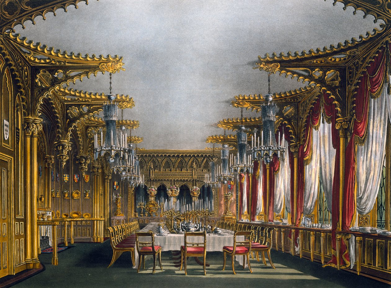 Comedor gótico, grabado de Thomas Sutherland, basado en diseño de Charles Wild, de La Historia de las Residencias Reales de Charles (after) Wild