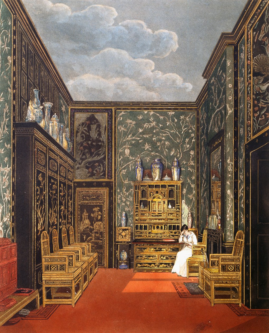 Sala verde de retiro, grabado de William James Bennett (1787-1844), basado en el diseño de Charles Wild (1781-1835), de La Historia de las Residencias Reales de Charles (after) Wild