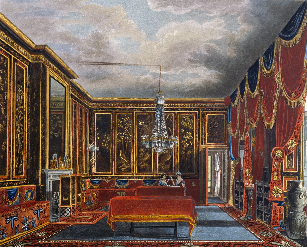 Sala japonesa, grabado de Richard Reeve basado en diseño de Charles Wild, de The History of the Royal Residences de Charles (after) Wild