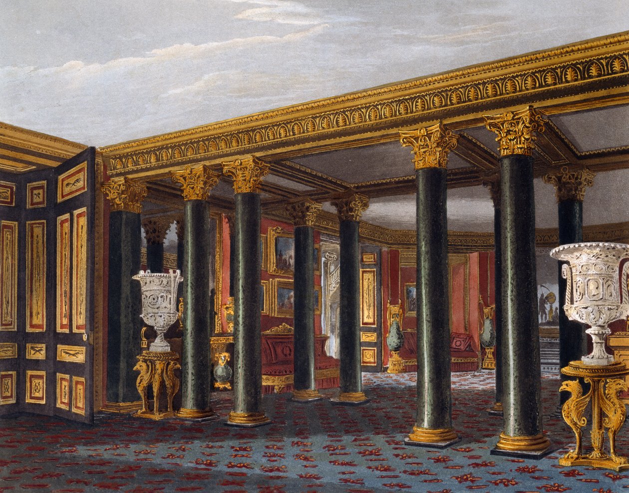 Vestíbulo inferior, grabado de Richard Reeve basado en diseño de Charles Wild, de The History of the Royal Residences de Charles (after) Wild