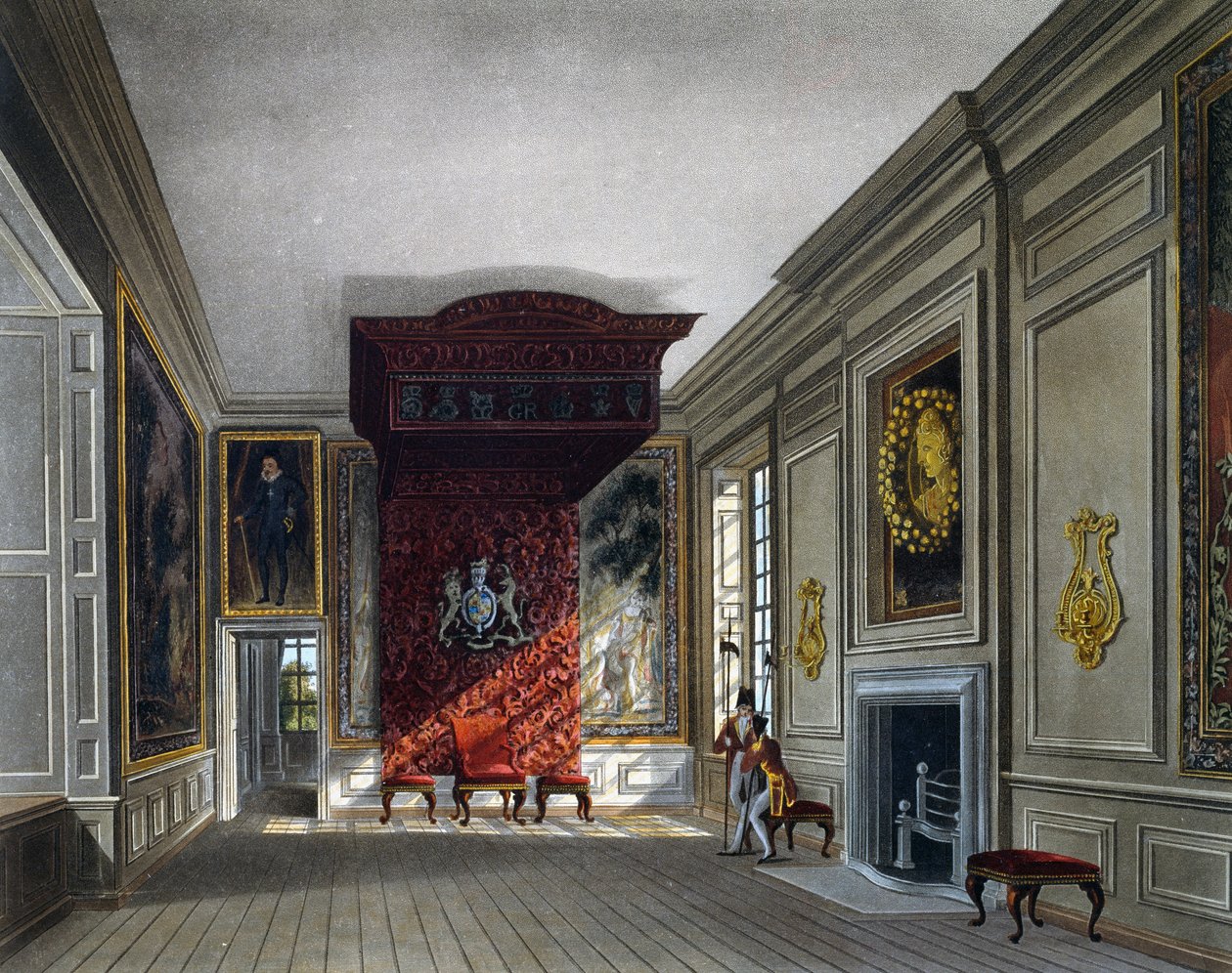 Sala de reuniones del Rey, grabado por Thomas Sutherland (1785-1838), basado en el diseño de Charles Wild (1781-1835), de The History of the Royal Residences de Charles (after) Wild