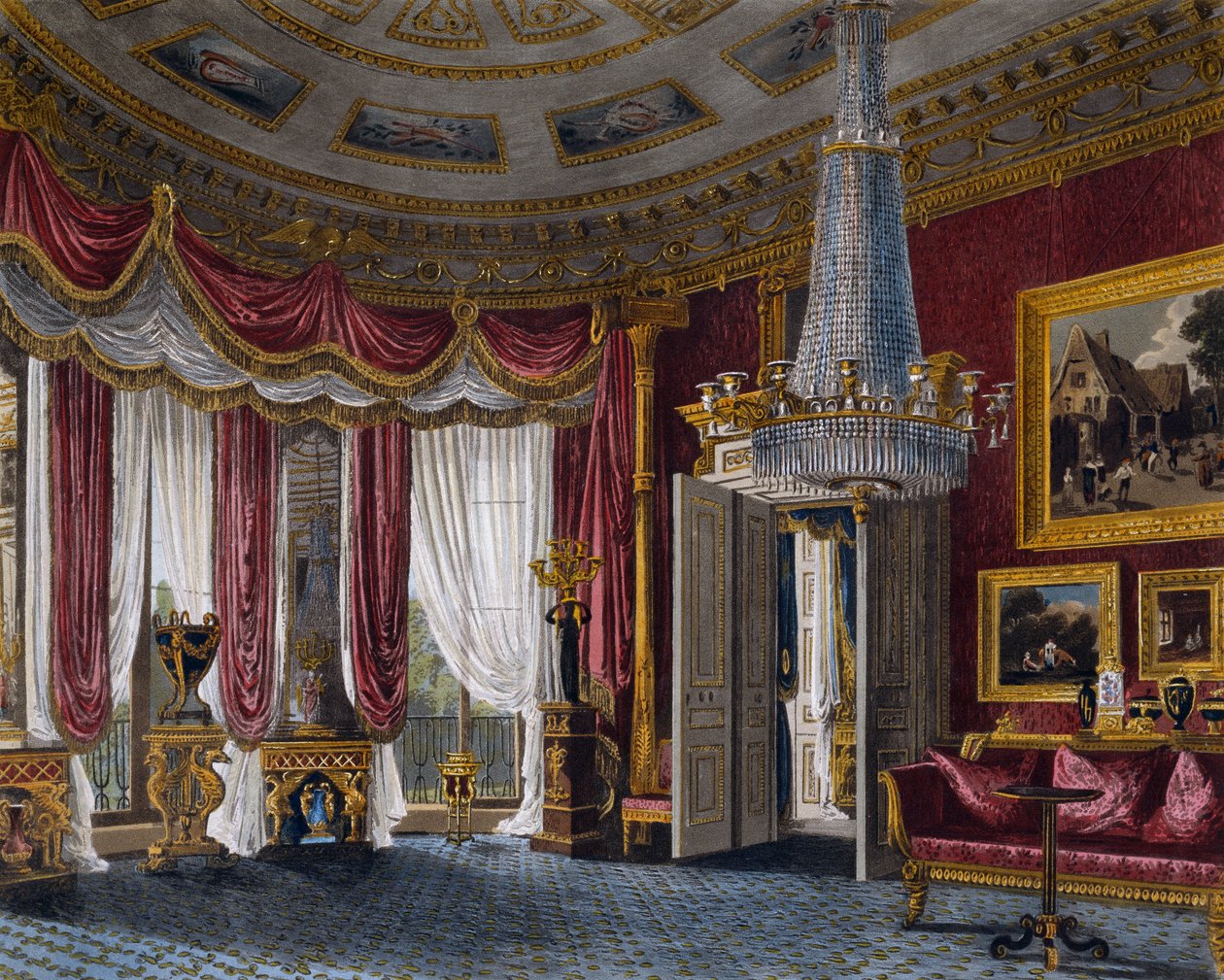 Sala de estar de satén rosa, grabado de Richard Reeve basado en diseño de Charles Wild, de The History of the Royal Residences de Charles (after) Wild