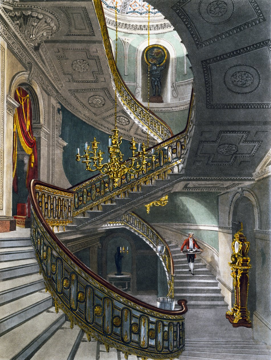 Escalera, grabado de Richard Reeve según dibujo de Charles Wild, de The History of the Royal Residences de Charles (after) Wild