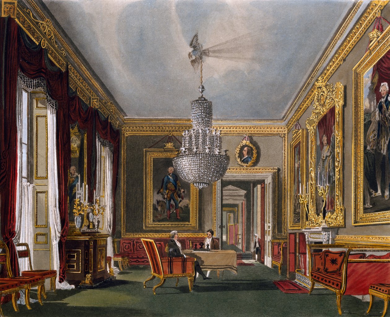 Anticámara oeste, grabado de Richard Reeve basado en diseño de Charles Wild, de The History of the Royal Residences de Charles (after) Wild