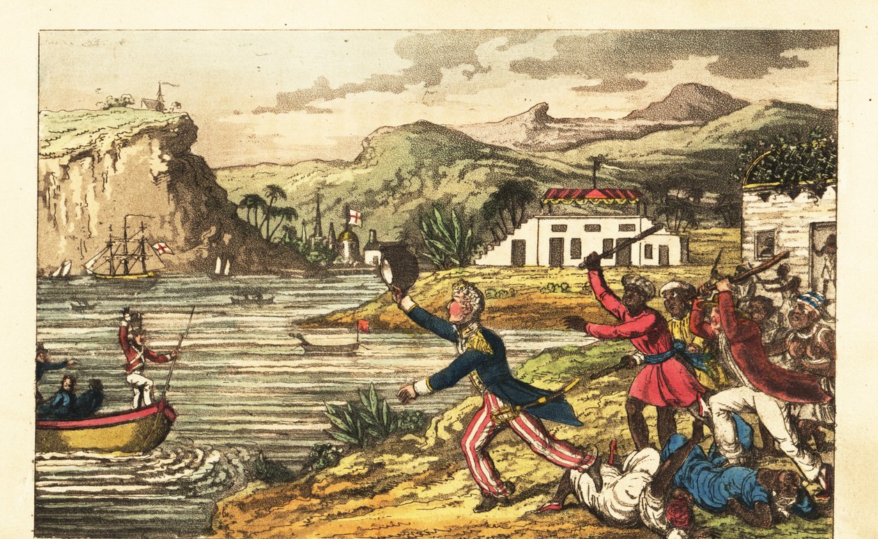 Oficial de la Marina Inglesa huyendo de un enojado plantador Massa y hombres esclavizados Quashee blandiendo garrotes en Jamaica de Charles (c.1797 1850) (after) Williams