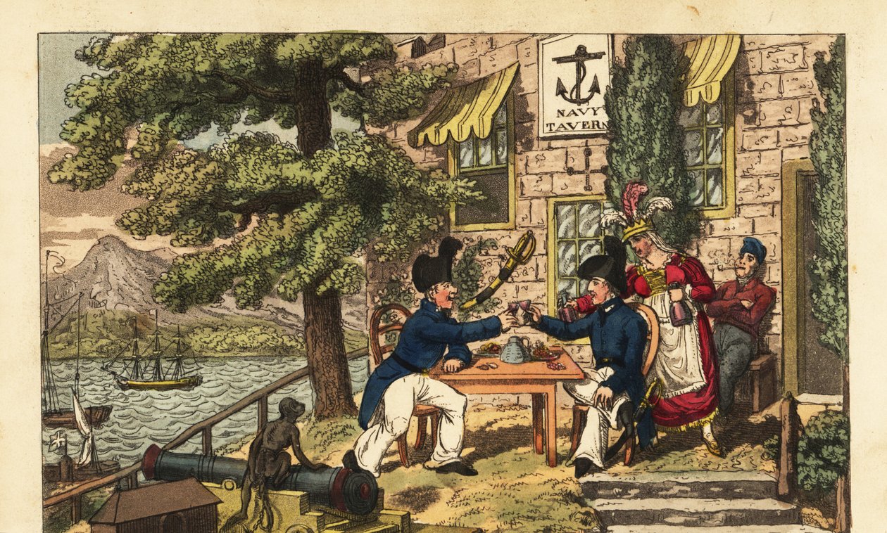 Guardiamarina Newcome y el compañero del maestro Spunyarn bebiendo vino negro o vino de Málaga en la Taberna de la Marina, en la cima de Scud Hill, Gibraltar de Charles (c.1797 1850) (after) Williams