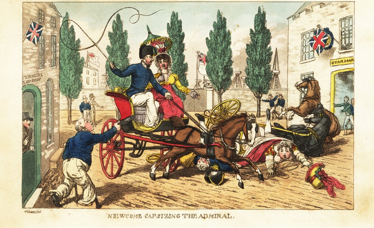 Guardiamarina Newcome choca su bote contra el carruaje de dos caballos del almirante en Gosport de Charles (c.1797 1850) (after) Williams