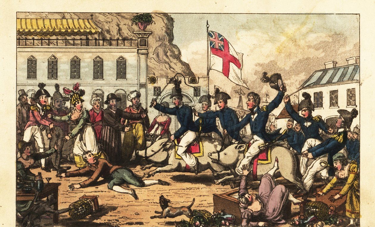 Oficiales de la Marina Real montando cerdos con sillas de montar por el mercado en Gibraltar de Charles (c.1797 1850) (after) Williams