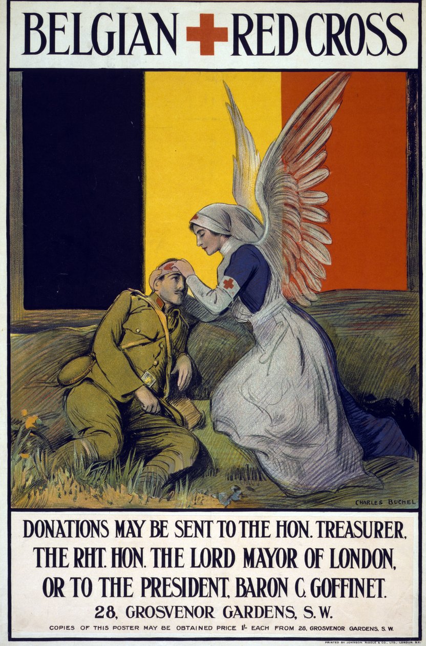 Cartel de recaudación de fondos para la Cruz Roja belga, pub. 1914-18 (litografía en color) de Charles A. Buchel