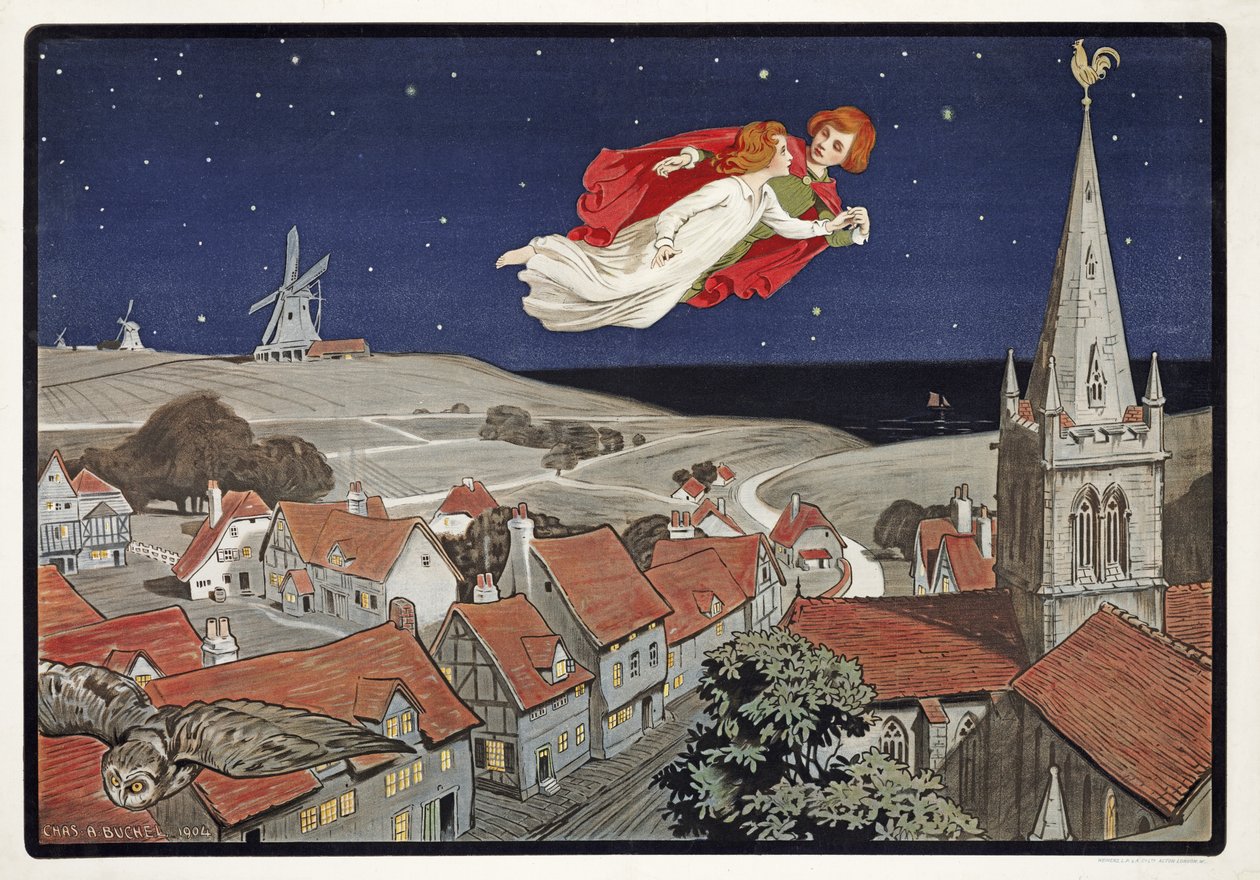 Peter y Wendy volando de Peter Pan de J M Barrie (1860 - 1937) , pub.1904 (litografía en color) de Charles A. Buchel