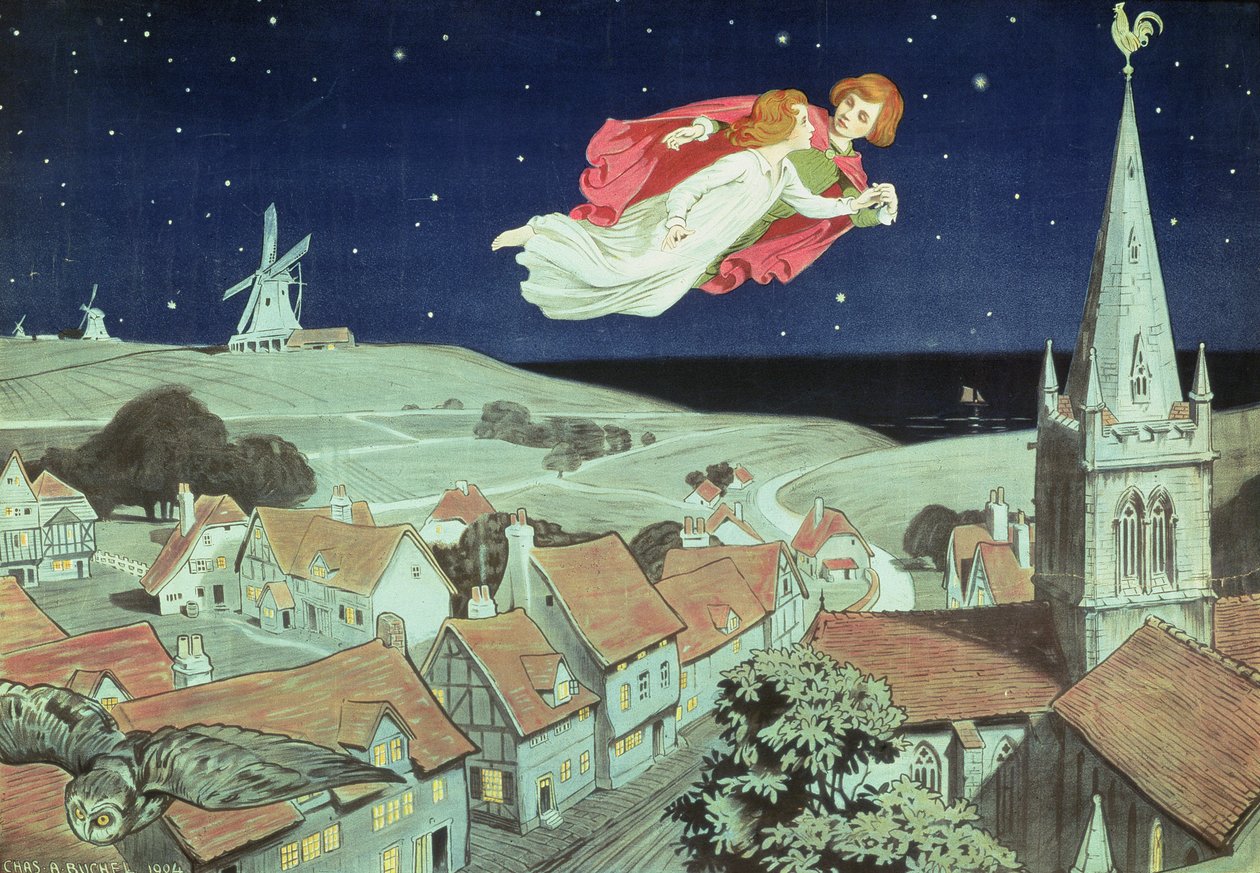 Cartel que anuncia la primera producción de "Peter Pan" de J.M. Barrie, Teatro del Duque de York, 27 de diciembre de 1904 (litografía en color) de Charles A. Buchel