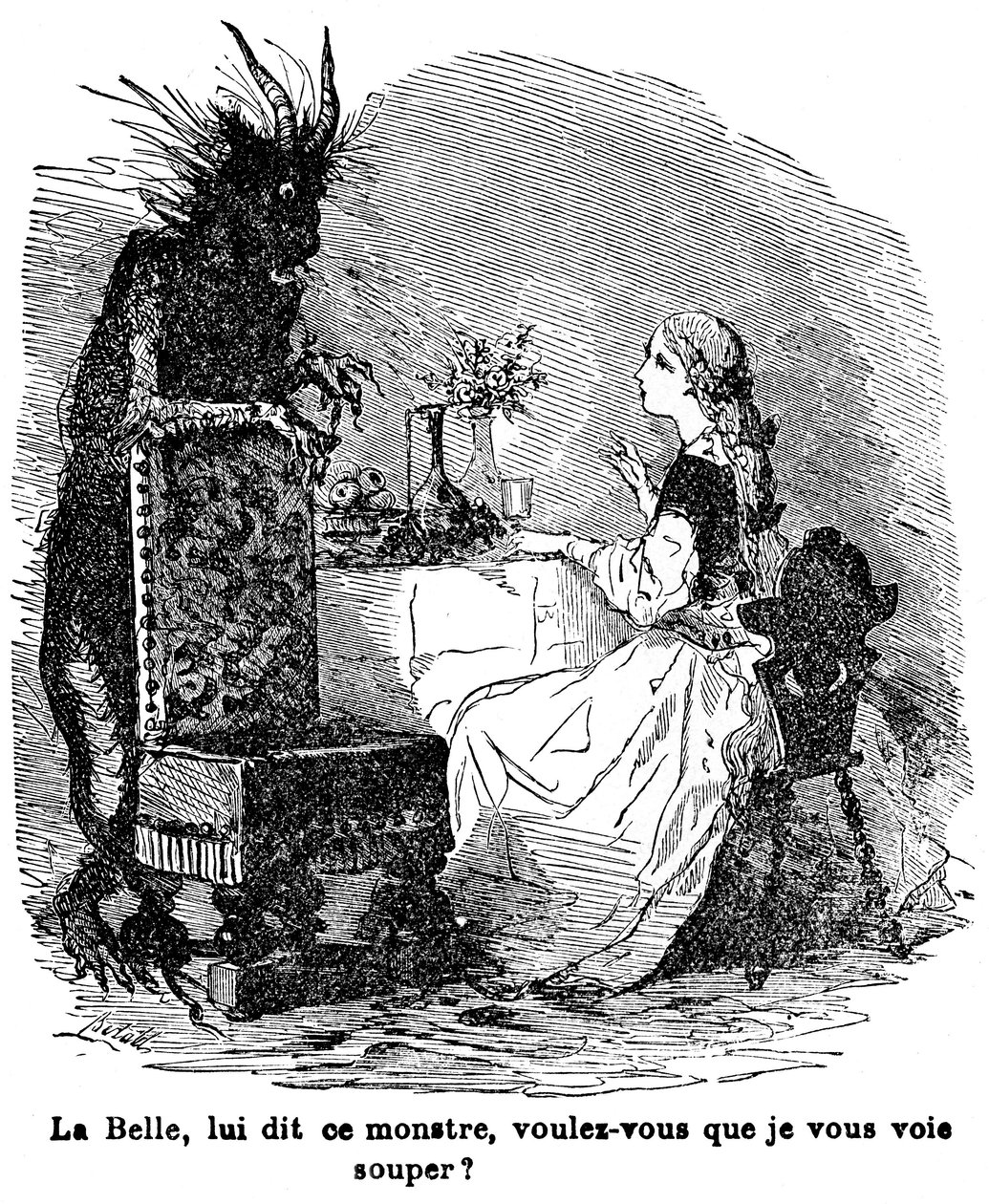 Ilustración para el cuento de la Sra. Jeanne Marie Leprince de Beaumont "La Bella y la Bestia", siglo XIX de Charles Albert dArnoux Bertall