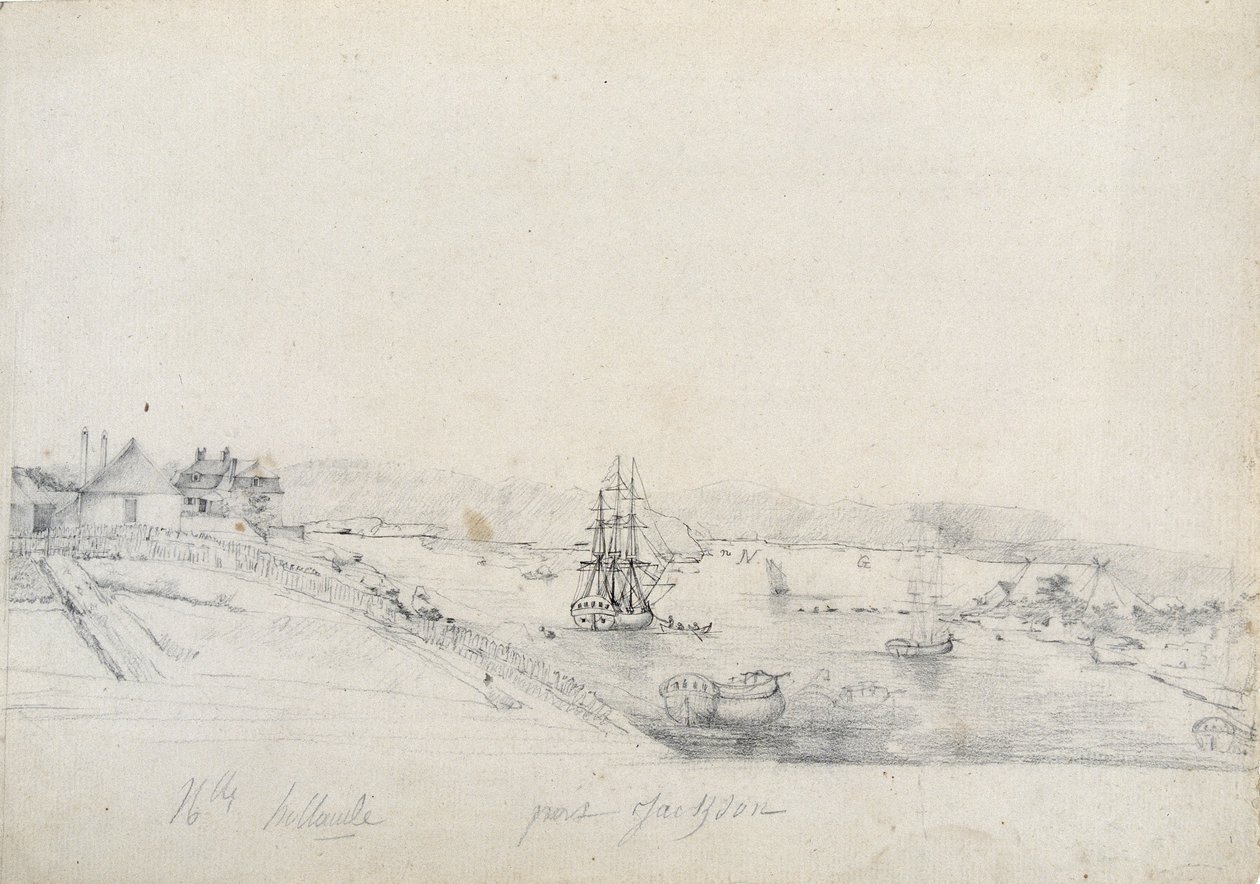 A la derecha, el campamento de los franceses de la expedición de Baudin a la punta de Bennelong, a la izquierda, Sydney, hogar de Nicolas Bayley - lápiz y tinta de Charles Alexandre Lesueur de Charles Alexandre Lesueur