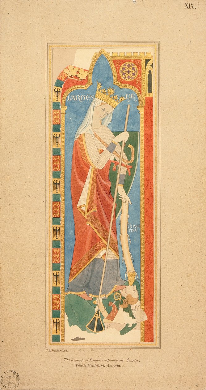 Las Virtudes Largesce y Debonerete (Largesce) 1819 (acuarela con detalle dorado en relieve sobre papel) de Charles Alfred Stothard