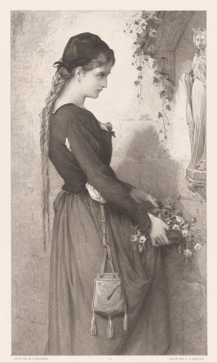 Mujer joven trae flores al nicho con la estatua de María Marguerite (título sobre el objeto) de Charles Alphonse Deblois