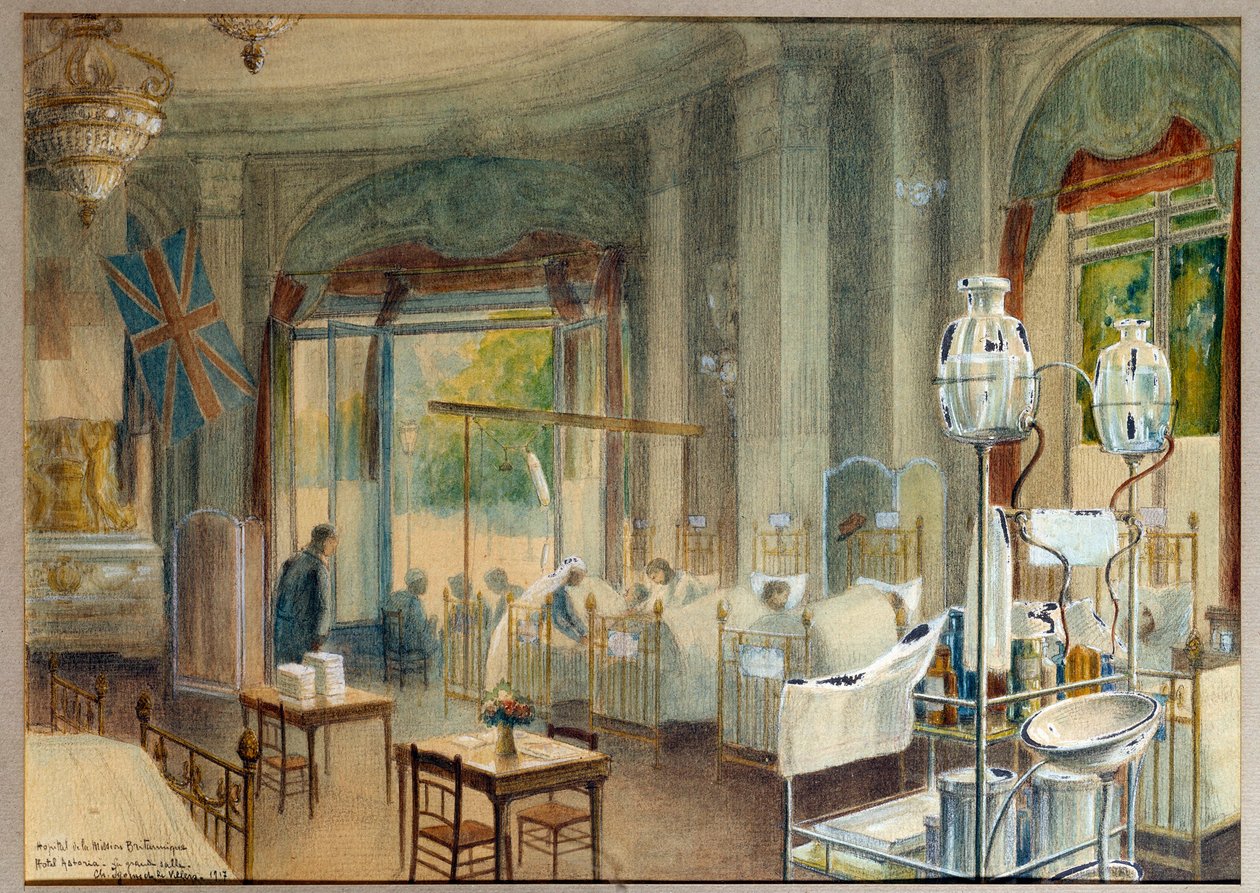 Vista de la gran sala del hospital británico en el Hotel Astoria de Charles Andre Igounet de Villers