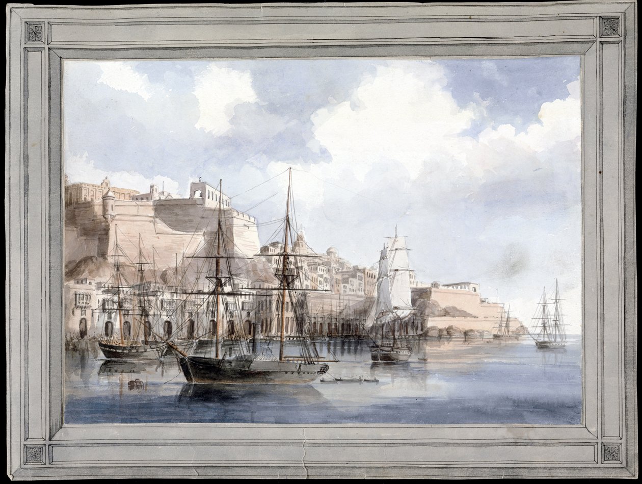 Vista de Malta (el gran puerto de La Valeta con el Fuerte Sant Angelo) - Pintura de Charles Andrew Dyce (1816-1853), acuarela sobre papel (25,1x34,9 cm), hacia 1849 - Universidad de Yale (EE.UU.) de Charles Andrew Dyce